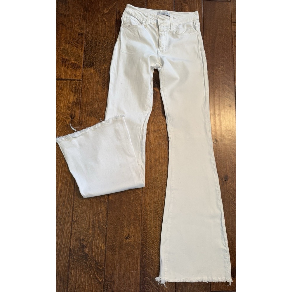 Women's O2 Denim Made In Hollywood Sz 25 White Jeans Flare Leg Raw Hem 70's Vibe